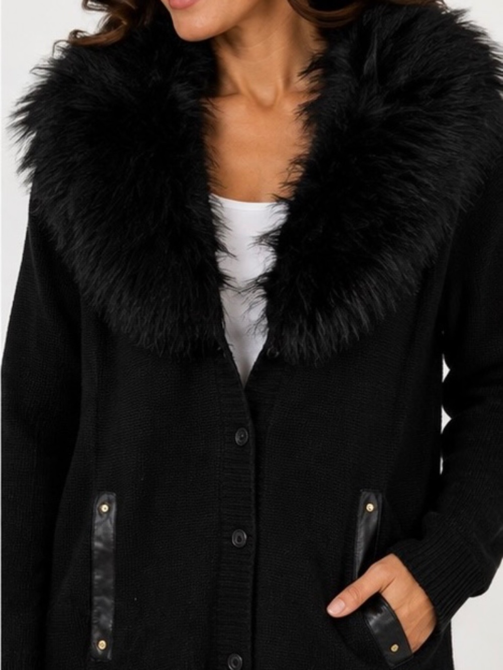 Michael Kors Women's Medium Black Faux Fur Collar Cardigan Sweater Wool Blend Bu